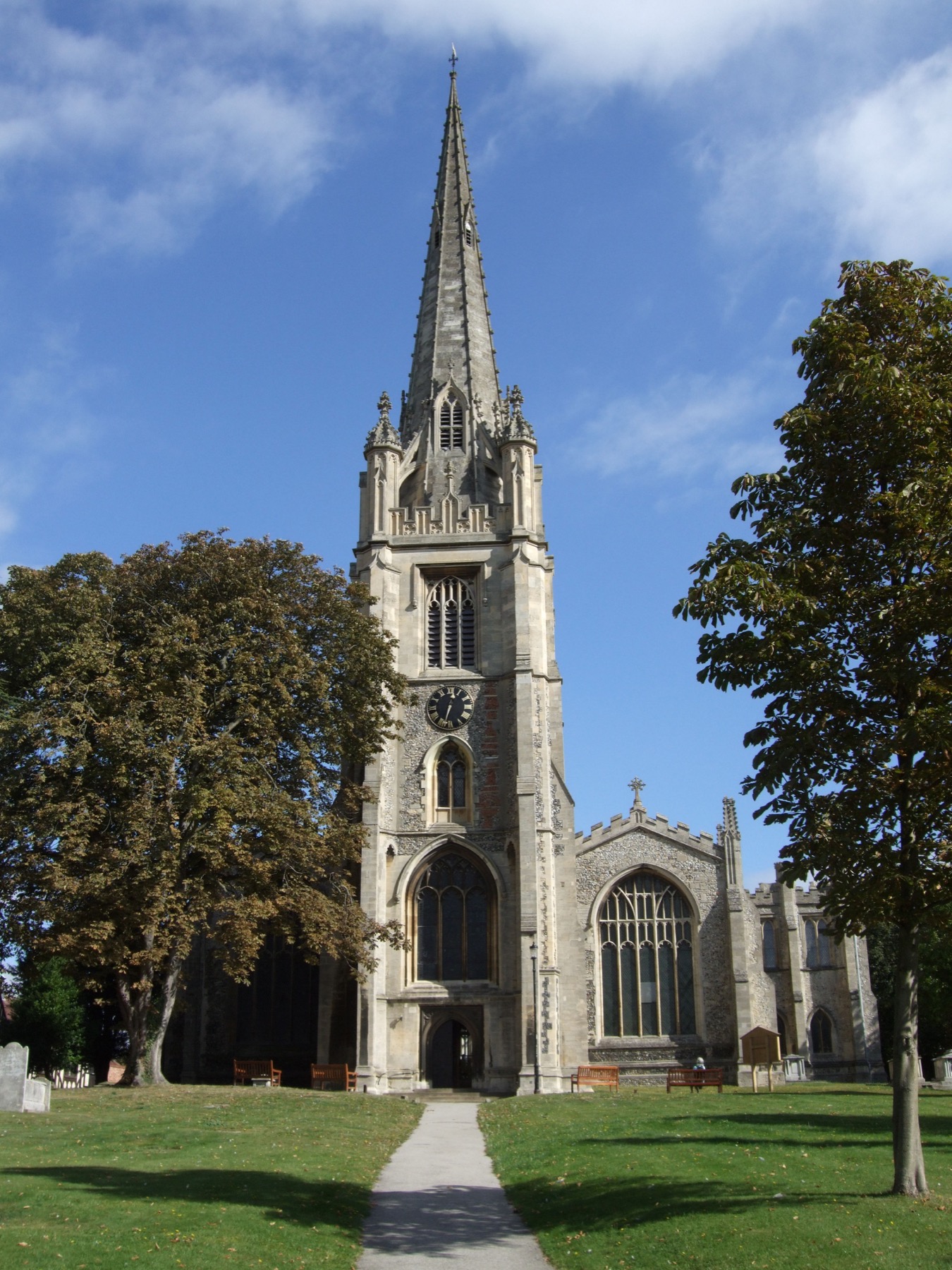 The spire and flint walls of St Mary’s Church in Saffron Walden
